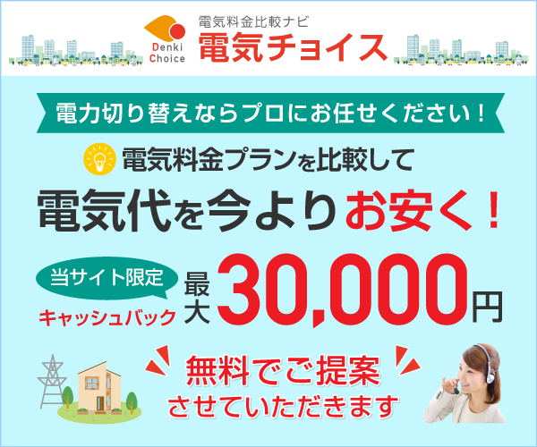 【電気チョイス】最大30,000円現金キャッシュバック!